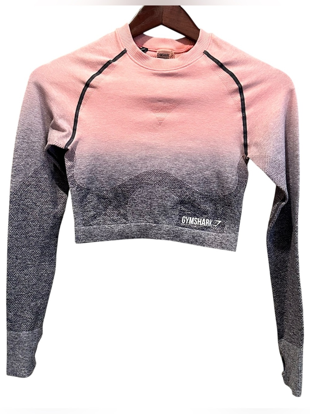 Gymshark Women's Pink Gray Ombre Cropped Long Sleeve Crew Neck Stretch Top S